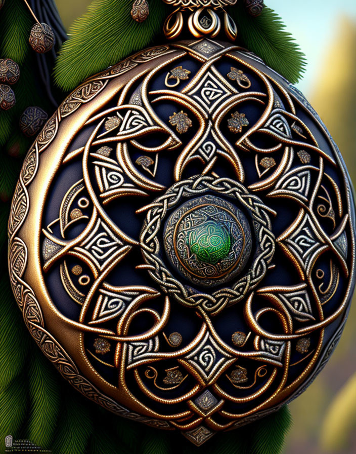 Detailed Celtic-inspired metallic ornament with green stone on pine branch background