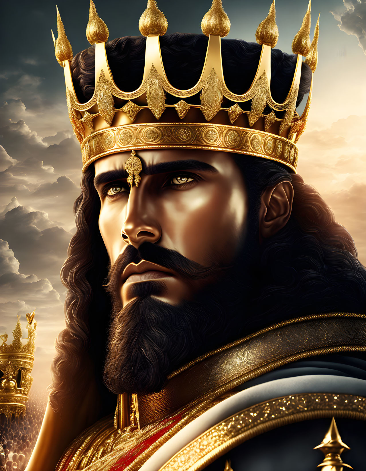 Illustration of solemn king in golden crown and royal attire