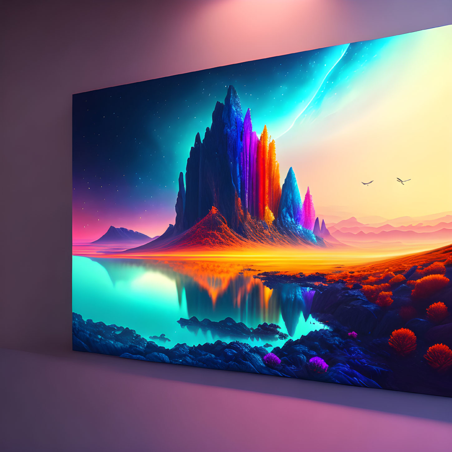 Futuristic landscape painting: neon mountains, serene lake, starry sky