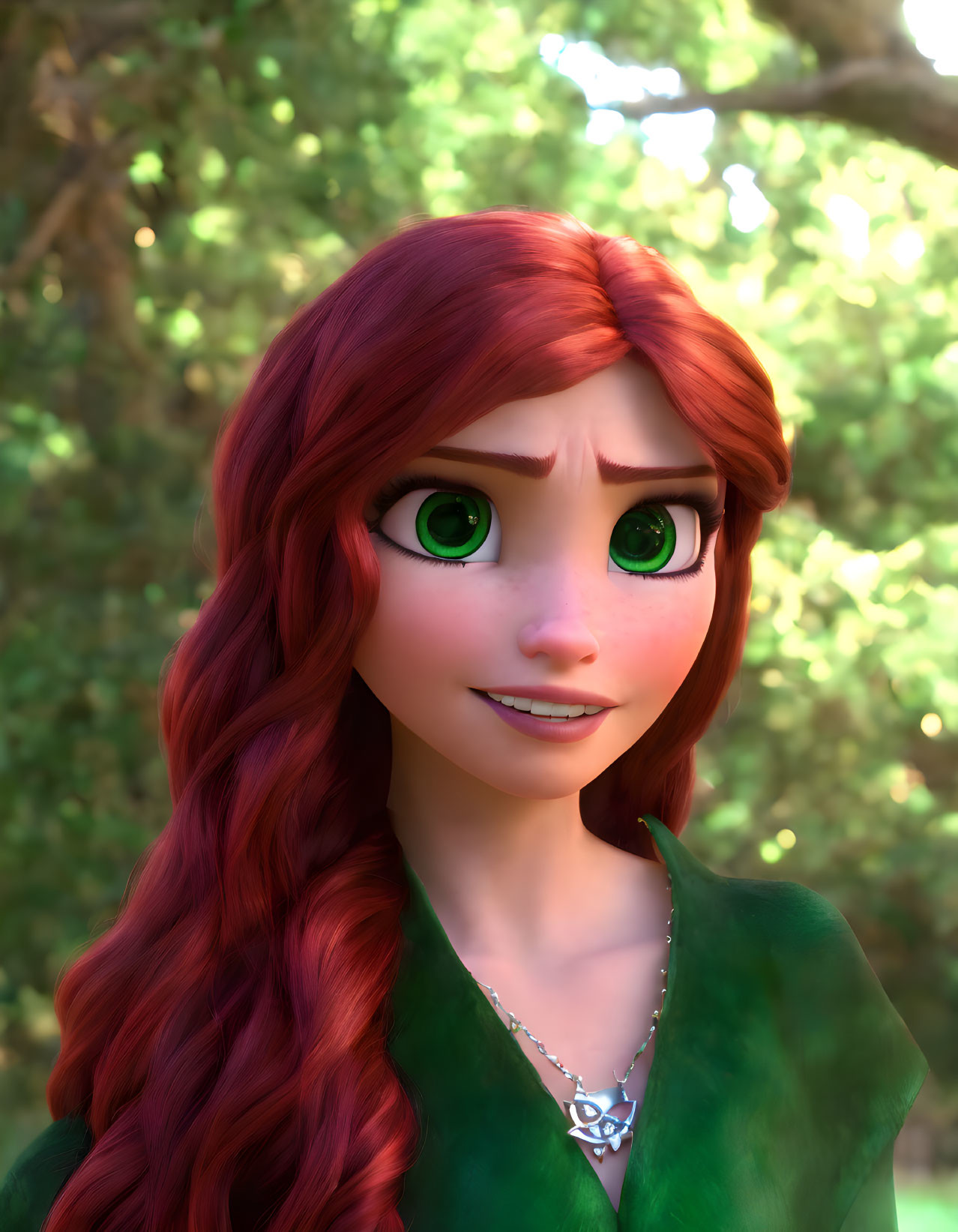 3D animated female character with long red hair and green dress in forest setting