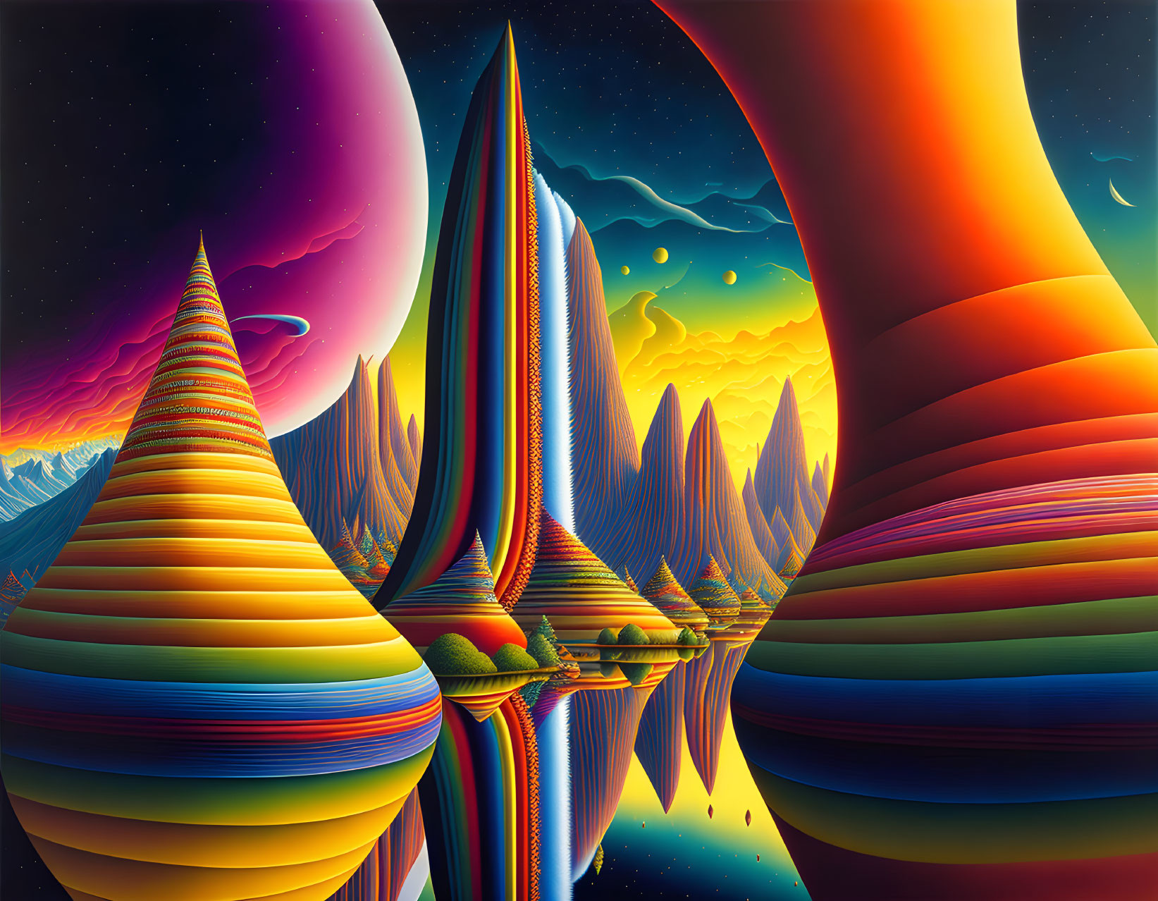 Colorful striped formations, purple planet, and serene water body in surreal landscape