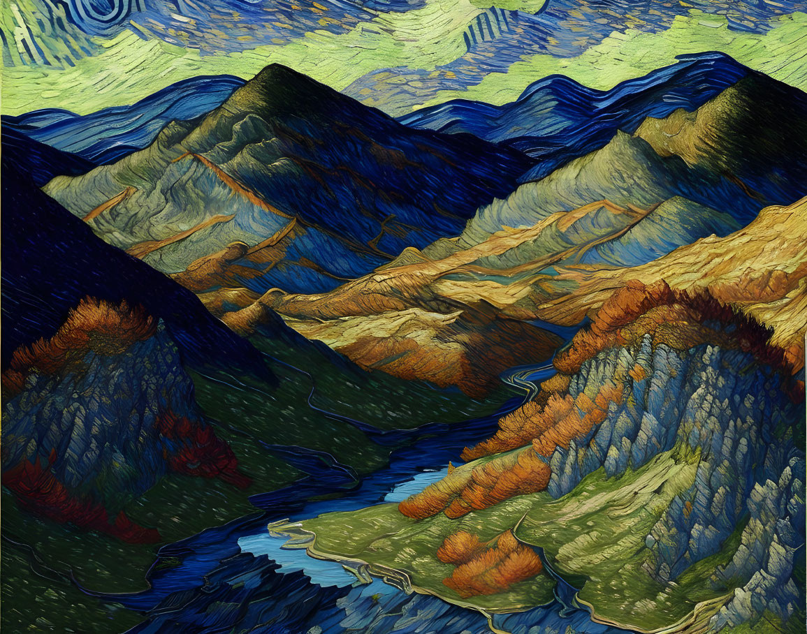 Colorful mountains painting with swirling skies and unique textures reminiscent of van Gogh.