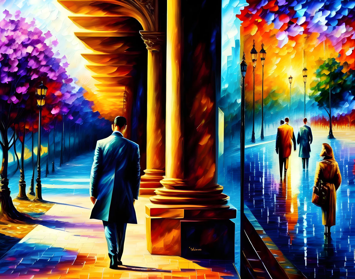 Colorful painting of man in suit under archway on reflective path with people and lamp posts.