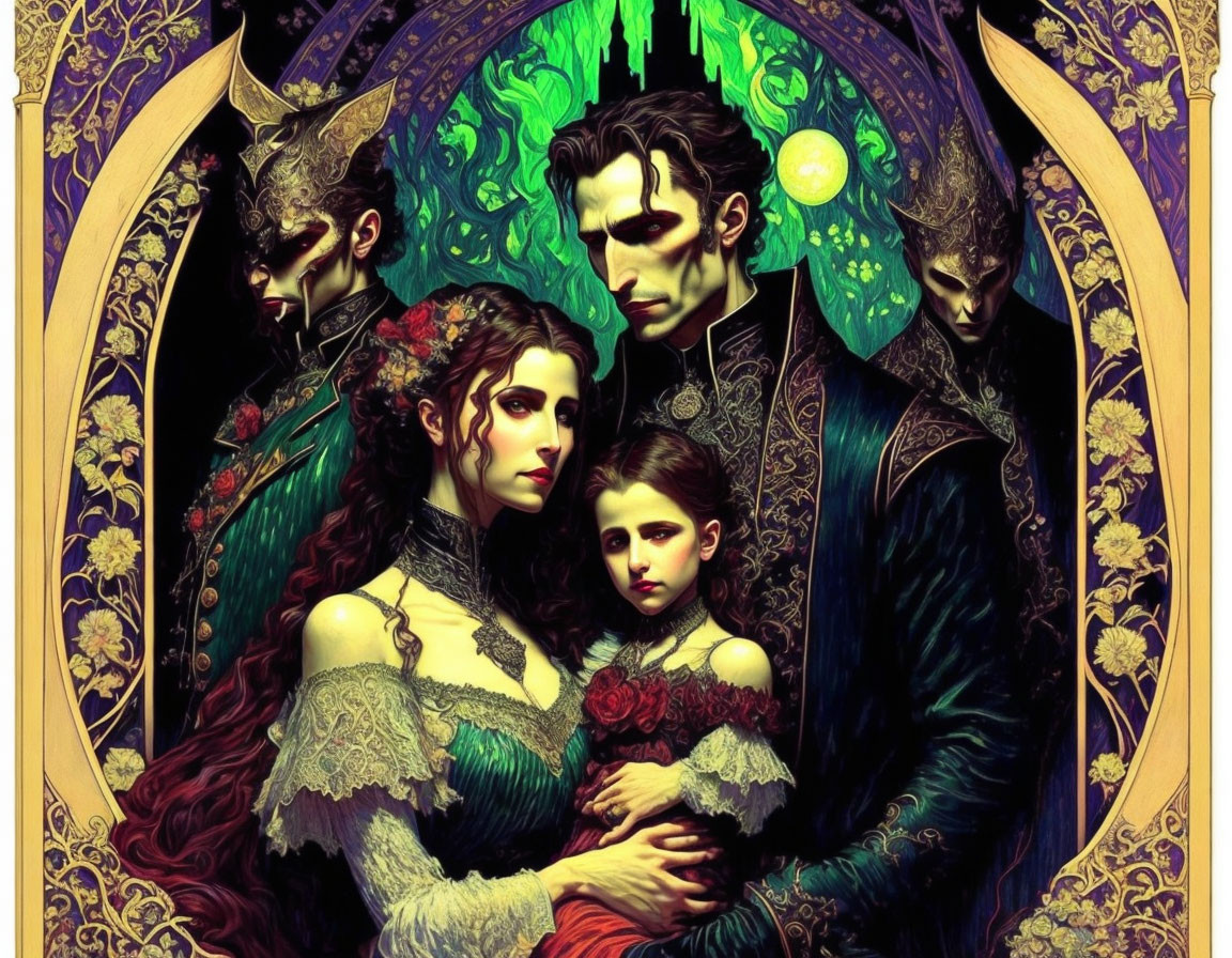 Gothic fantasy illustration of woman, child, and imposing male figures in ornate setting.