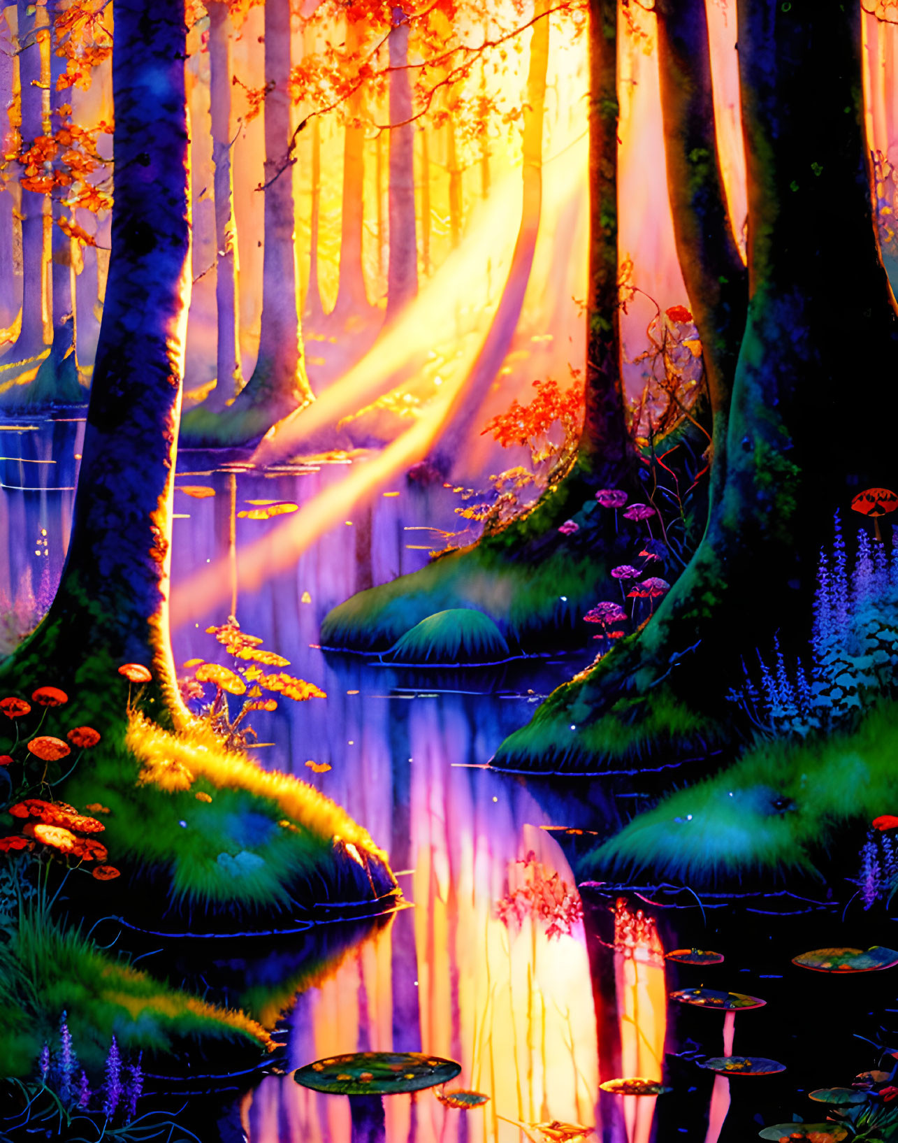 Mystical forest with sunlight, tall trees, serene water, lush flora