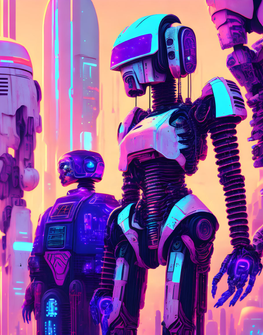 Futuristic robots in neon-lit cityscape with skyscrapers