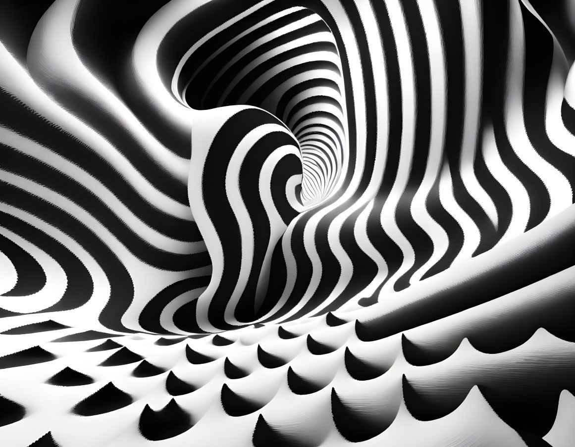 Abstract Monochrome Art: Swirling Striped Patterns & Tunnel Vortex Illusion