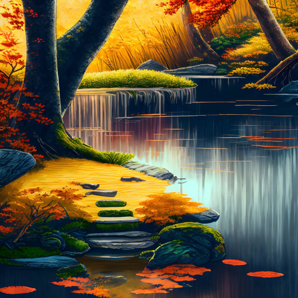 Autumn forest scene with waterfall, reflecting pond, stepping stones, vibrant foliage