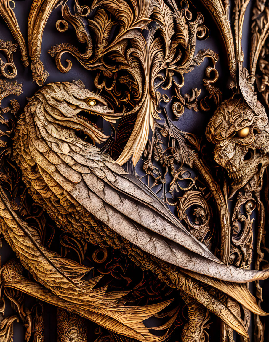 Golden Dragon Sculpture with Elaborate Detailing on Dark Background