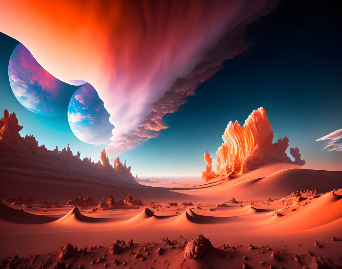 Surreal landscape with orange sand dunes and towering rock formations