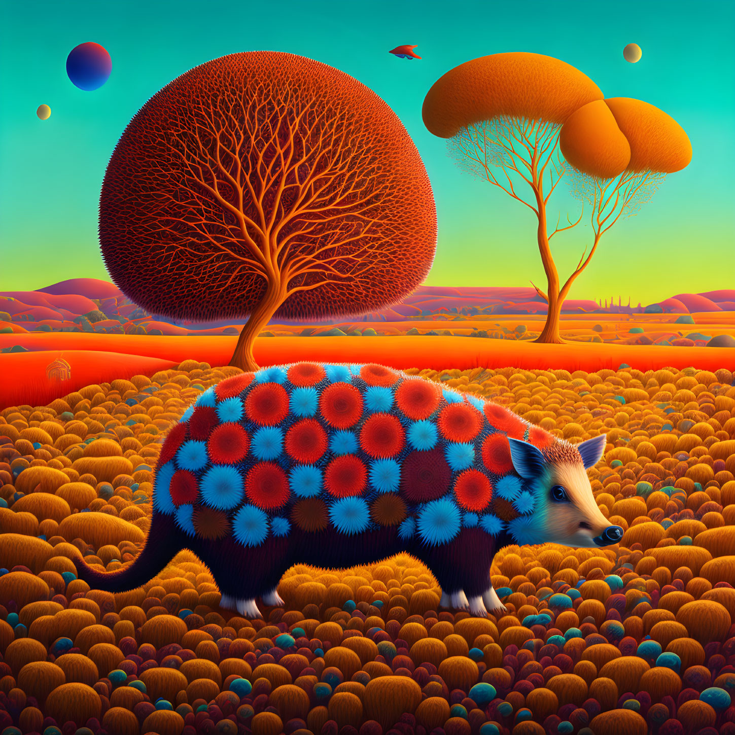 Colorful landscape with patterned vegetation and whimsical hedgehog creature