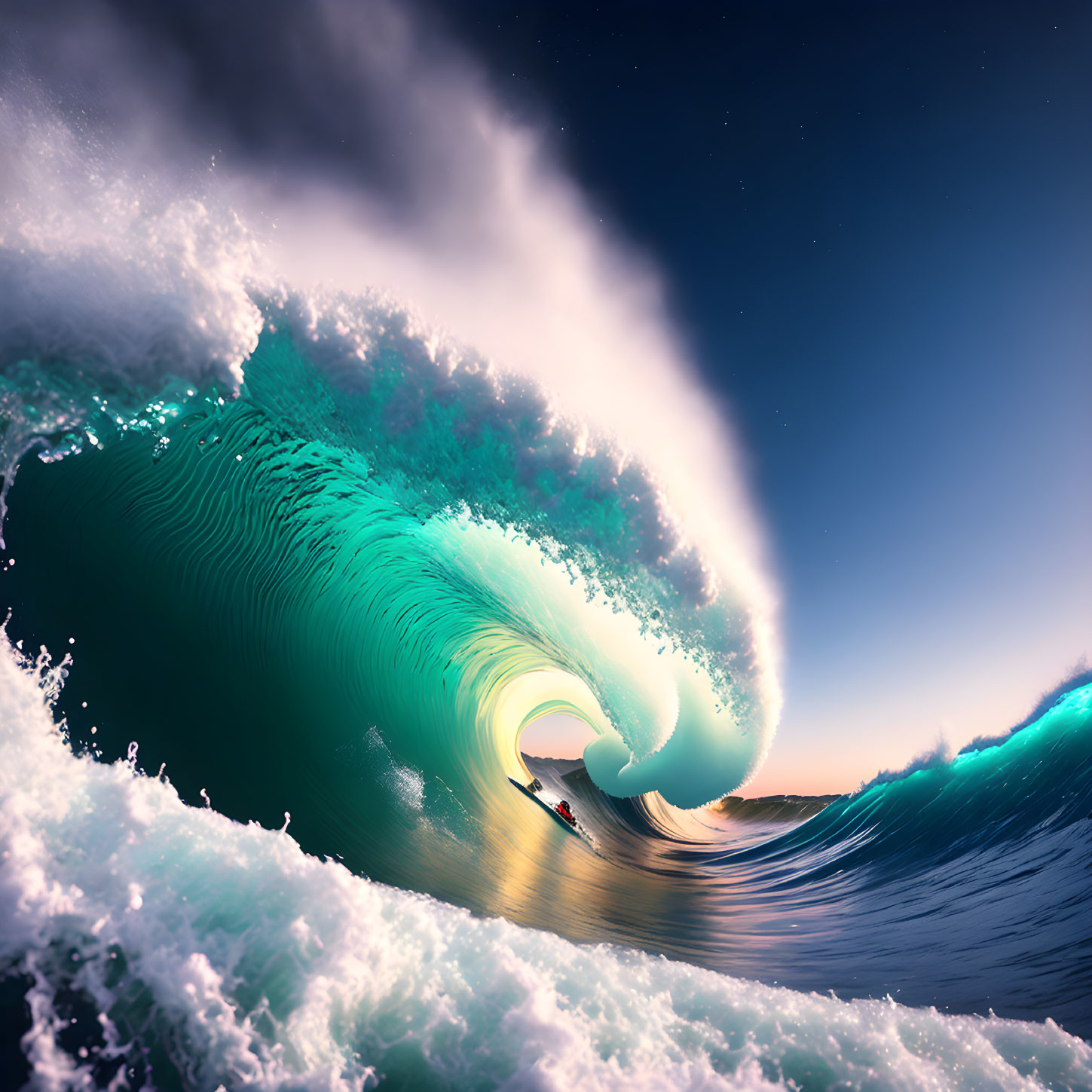 Surfer Riding Towering Ocean Wave at Sunset