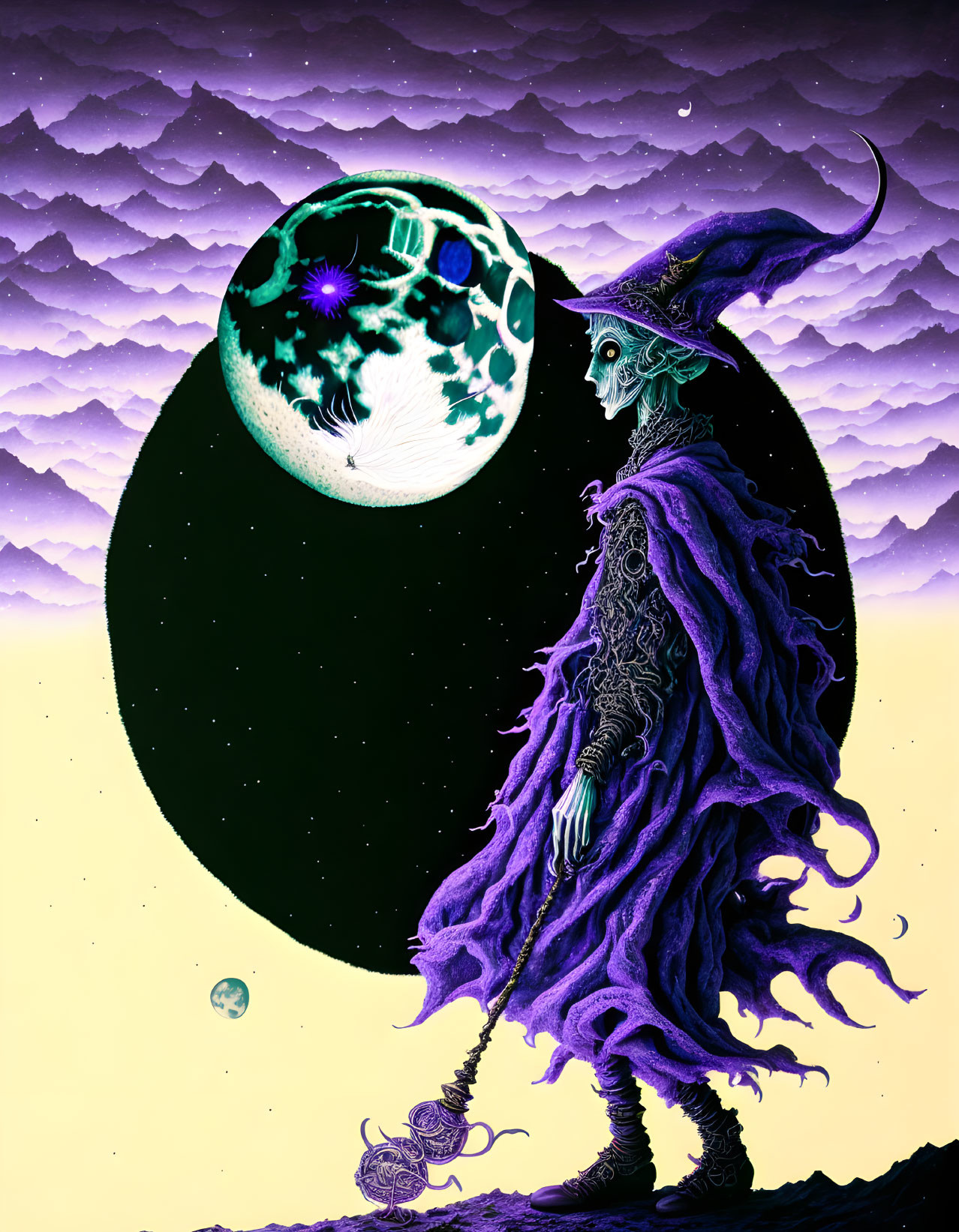 Ethereal figure in purple cloak under giant moon