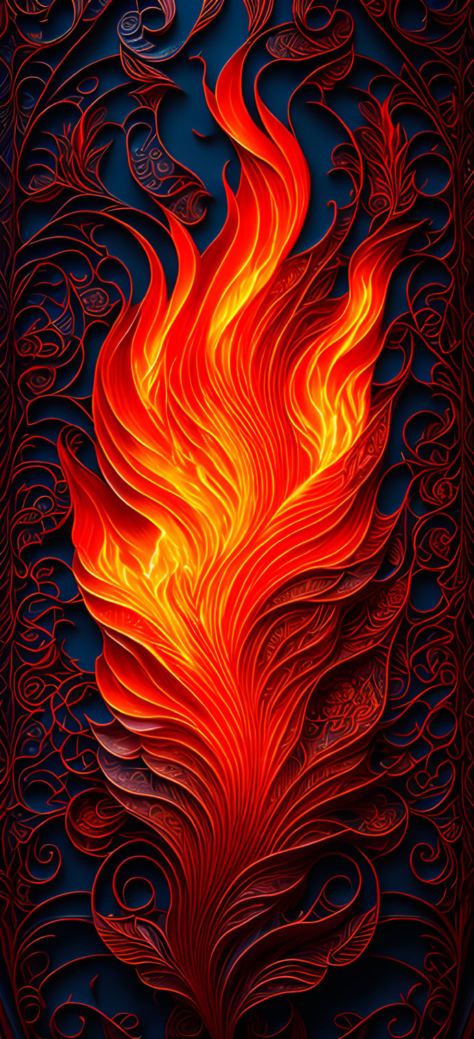 Detailed digital artwork of fiery phoenix rising on dark blue background