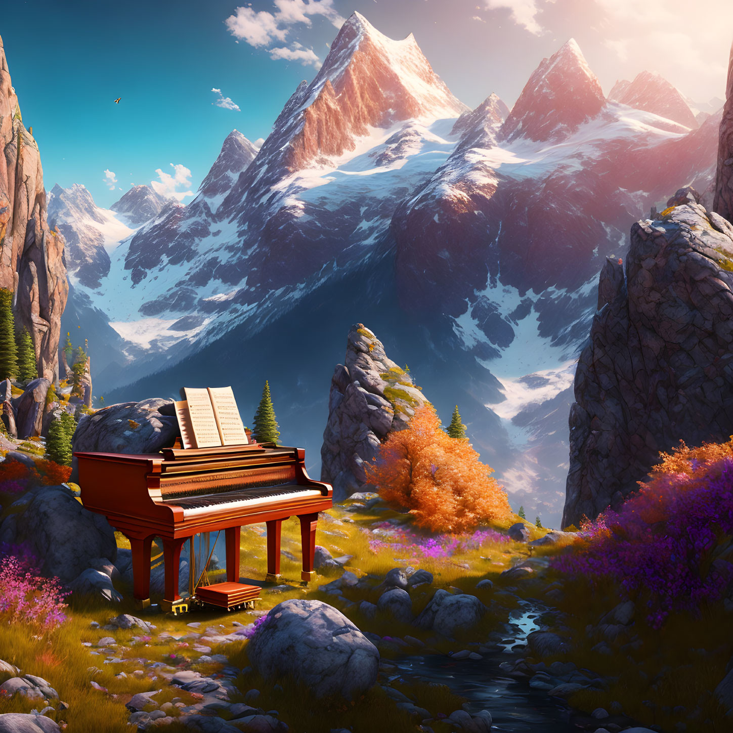 Grand Piano in Vibrant Mountain Valley with Autumn Foliage