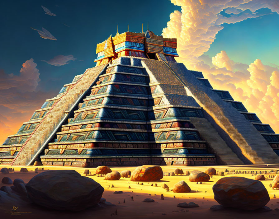 Vibrant digital painting of Mesoamerican-style pyramid under dramatic sky