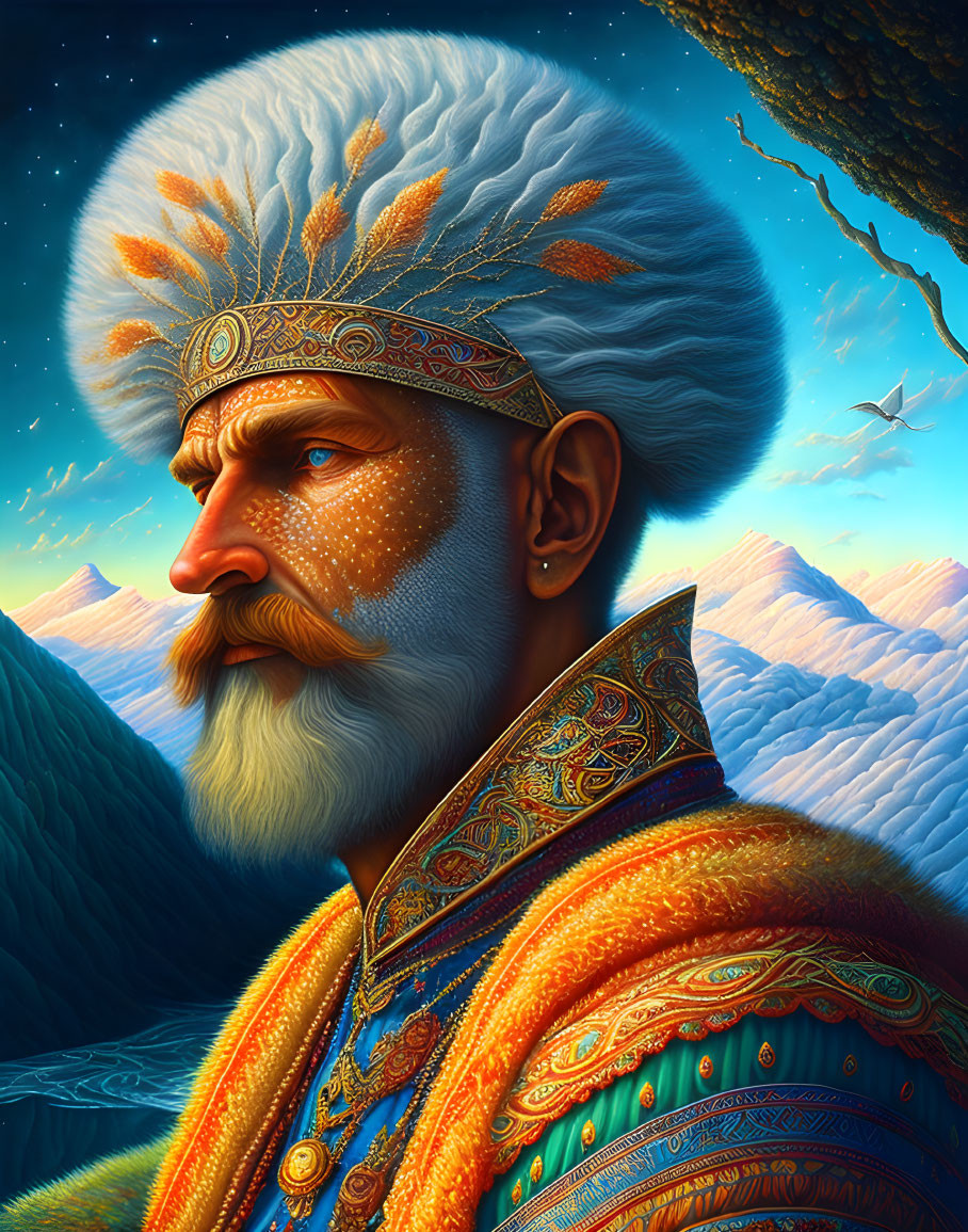 Regal figure with white beard in ornate attire against mountain backdrop