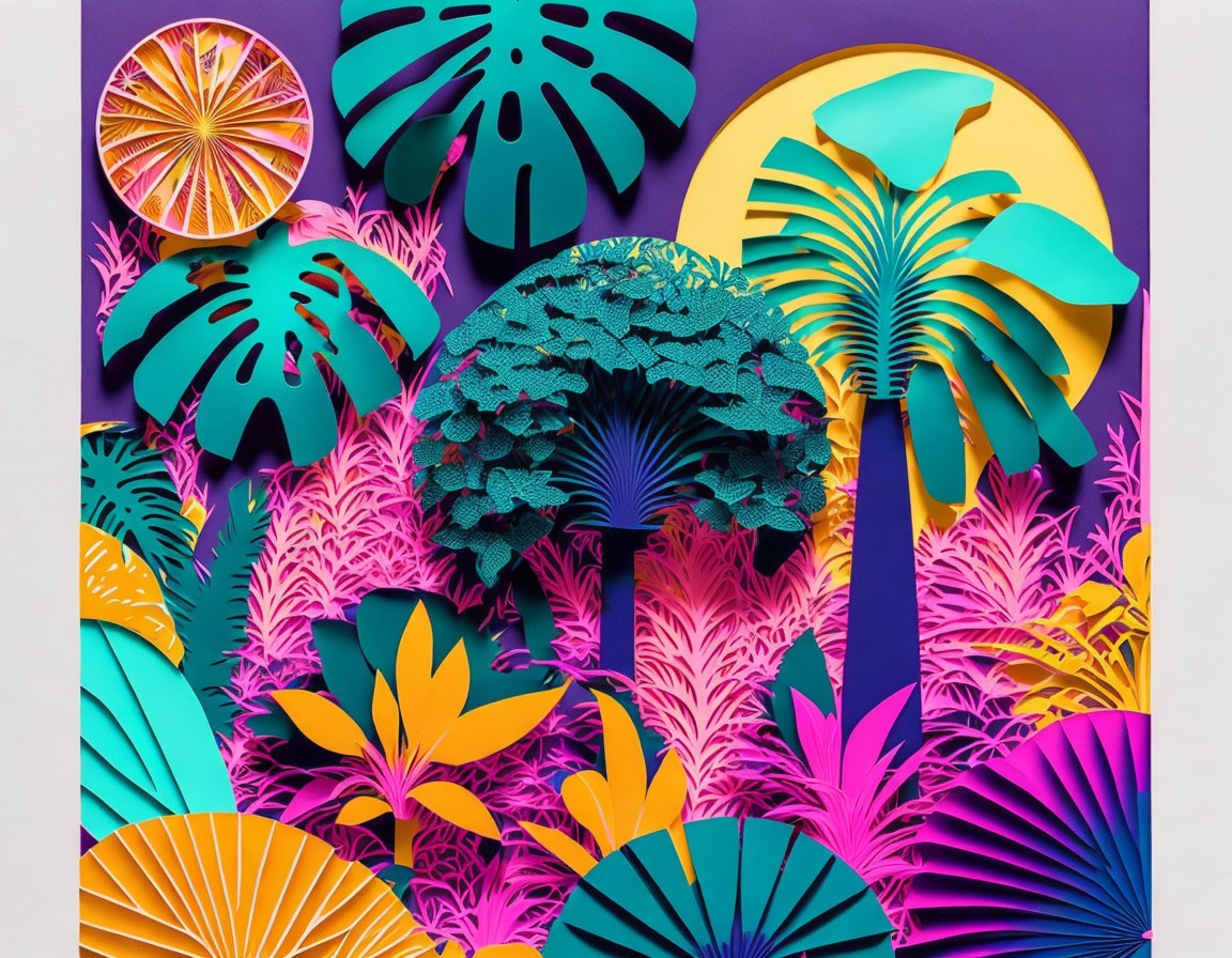 Colorful Tropical Leaves and Flowers Paper Art Collage