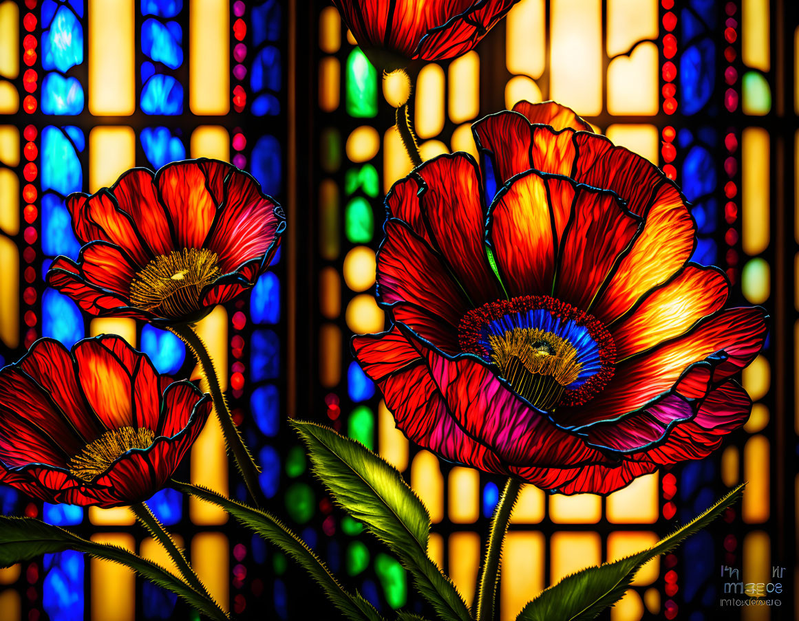 Colorful Stained Glass Window with Poppy and Mosaic Design