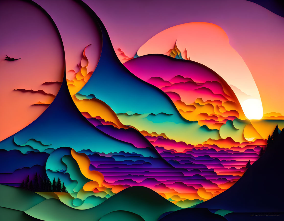 Colorful Layered Landscape with Sunset, Hills, Waves, and Bird