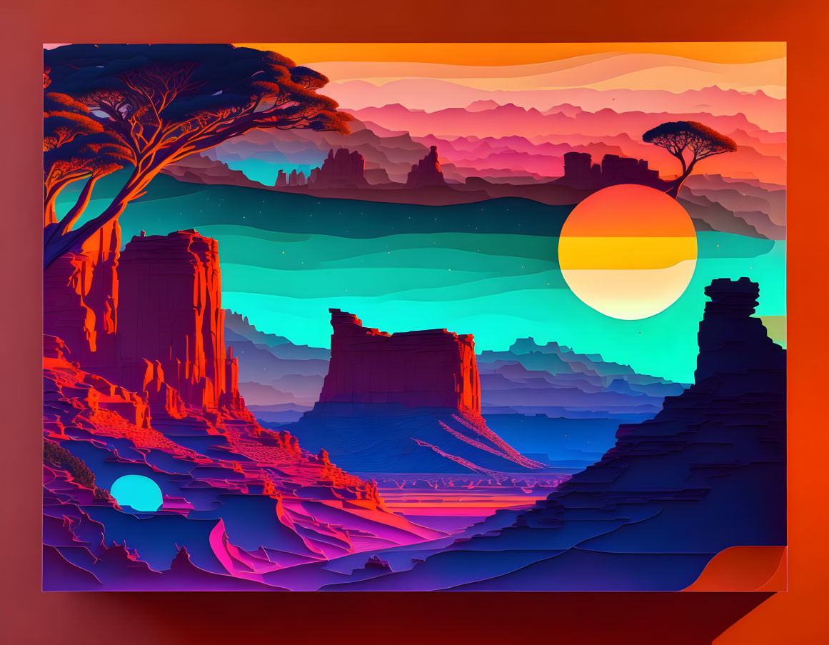 Colorful surreal landscape with layered mesas and setting sun.