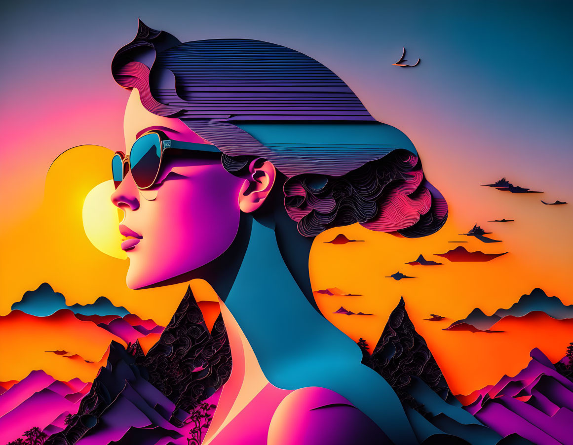 Illustration of woman with sunglasses in profile against sunset and mountains