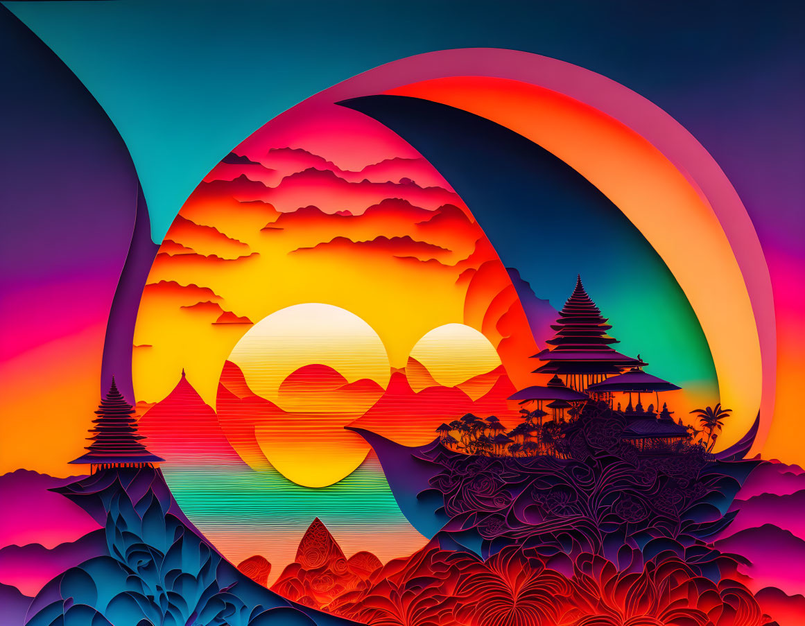 Colorful Graphic Art: Layered Circles Surrounding Sunset, Pagodas, Palm Trees,