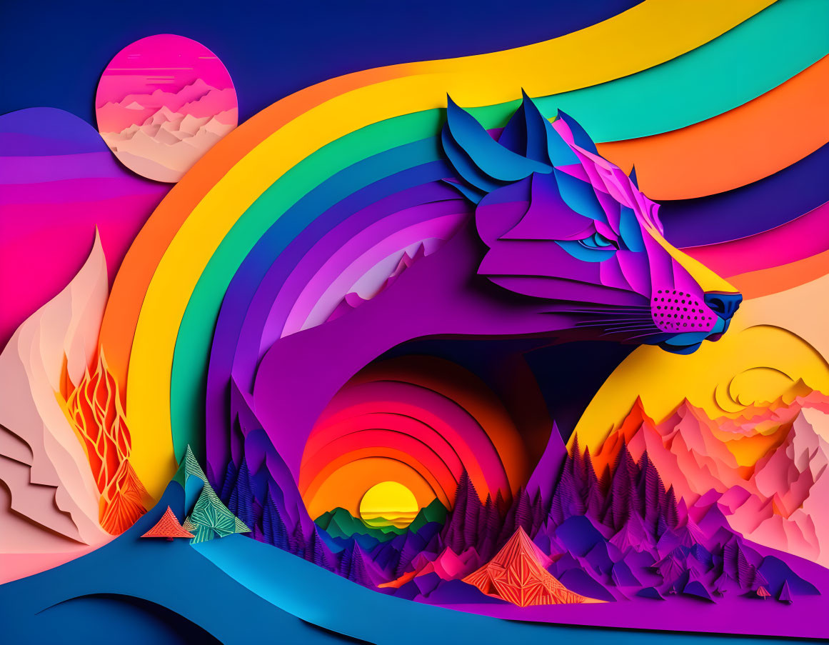 Colorful Stylized Wolf Head Art with Rainbow Layers & Fiery Elements