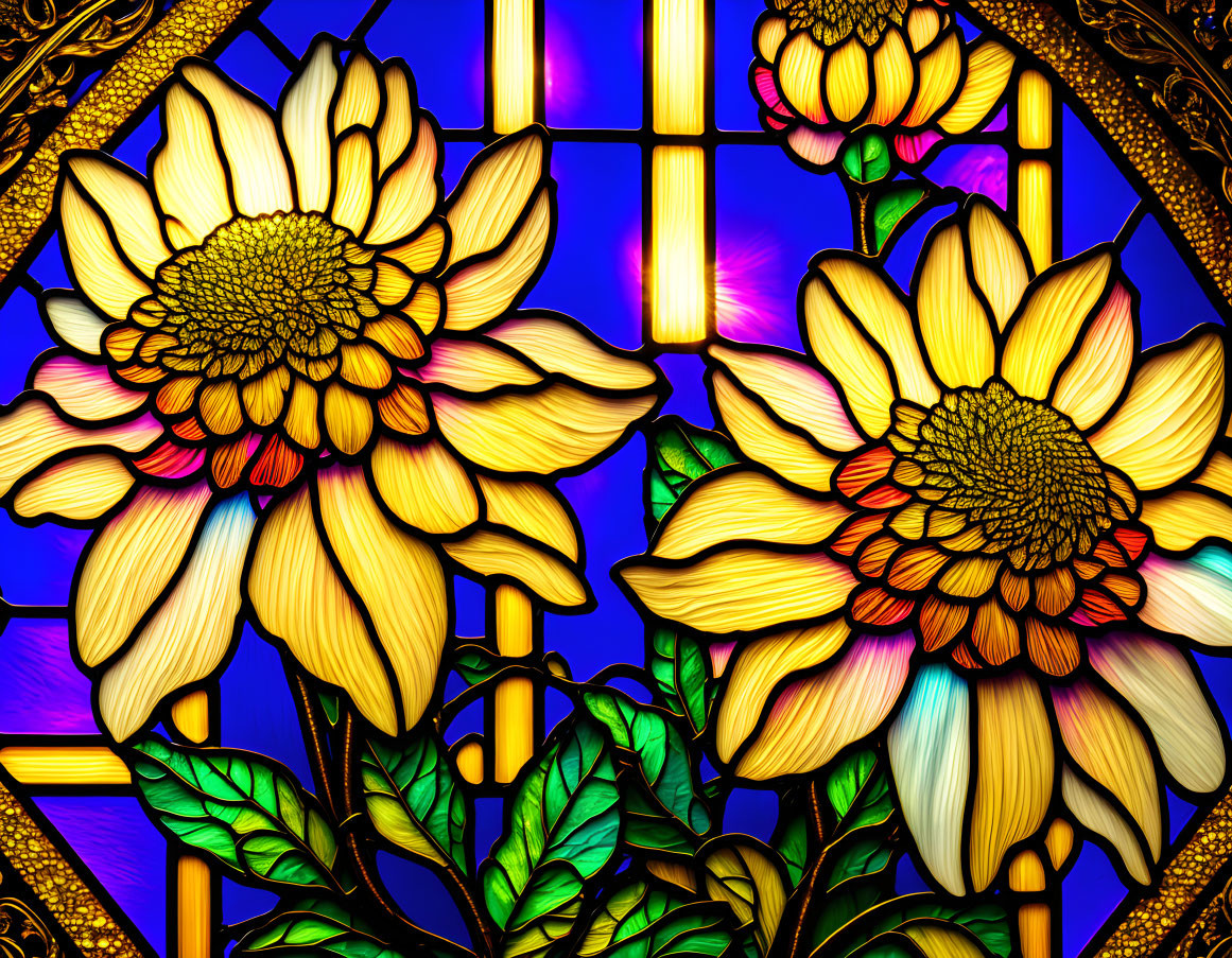 Colorful stained glass window with yellow flowers and blue-purple backdrop