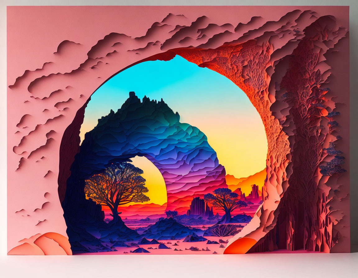 Layered Paper Art Landscape with Archway & Sunset Scene