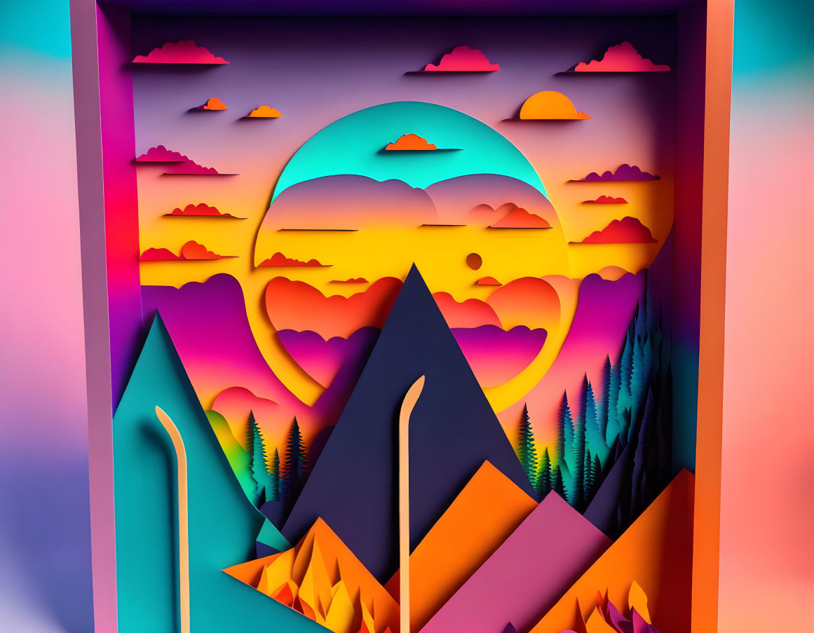 Multilayered paper art: Sunset with clouds, mountains, gradient sky