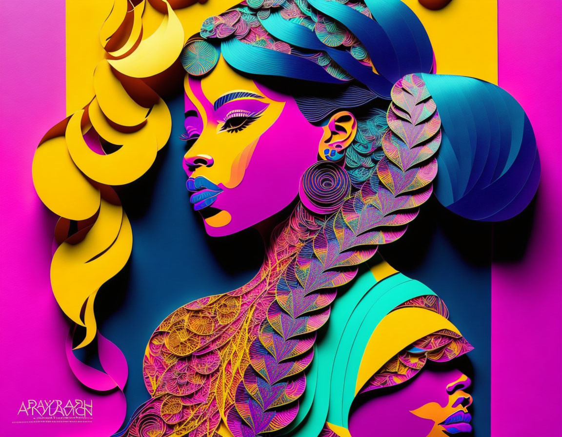 Colorful digital portrait of a woman with stylized hair and feathers in blue, yellow, and pink