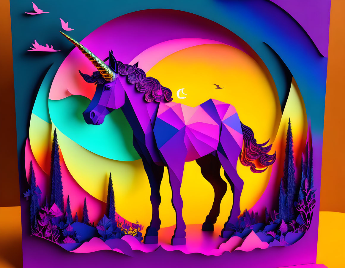 Colorful geometric unicorn art on rainbow background with surreal landscape.