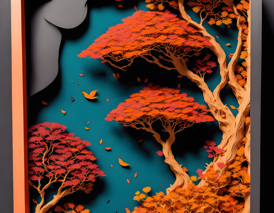 Autumn trees digital art: fiery orange leaves by serene river