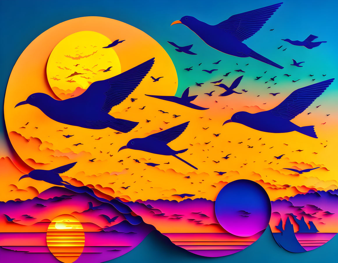 Stylized artwork of silhouetted birds flying over sunset with paper cutout effects