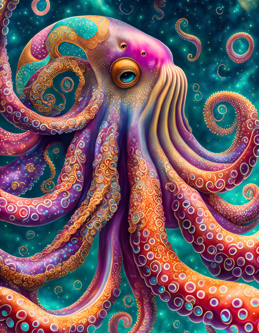 Colorful Stylized Octopus with Intricate Tentacles on Cosmic Background