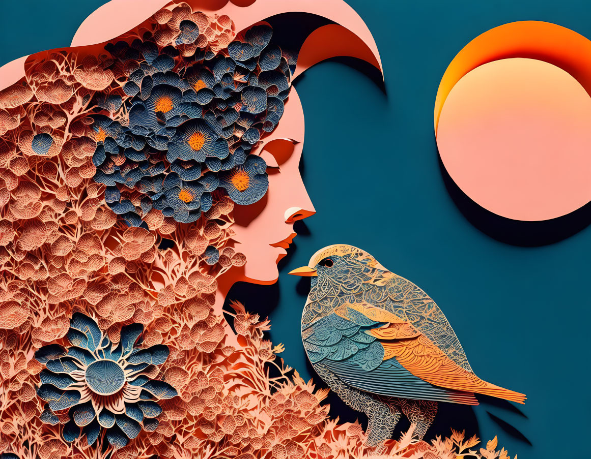 Profile of woman with floral hair and bird against moon and sun.