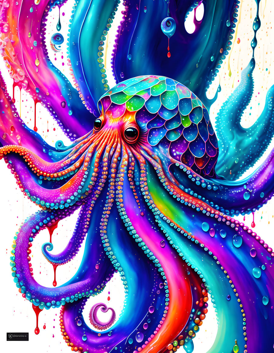 Colorful Octopus with Psychedelic Background and Paint Effects