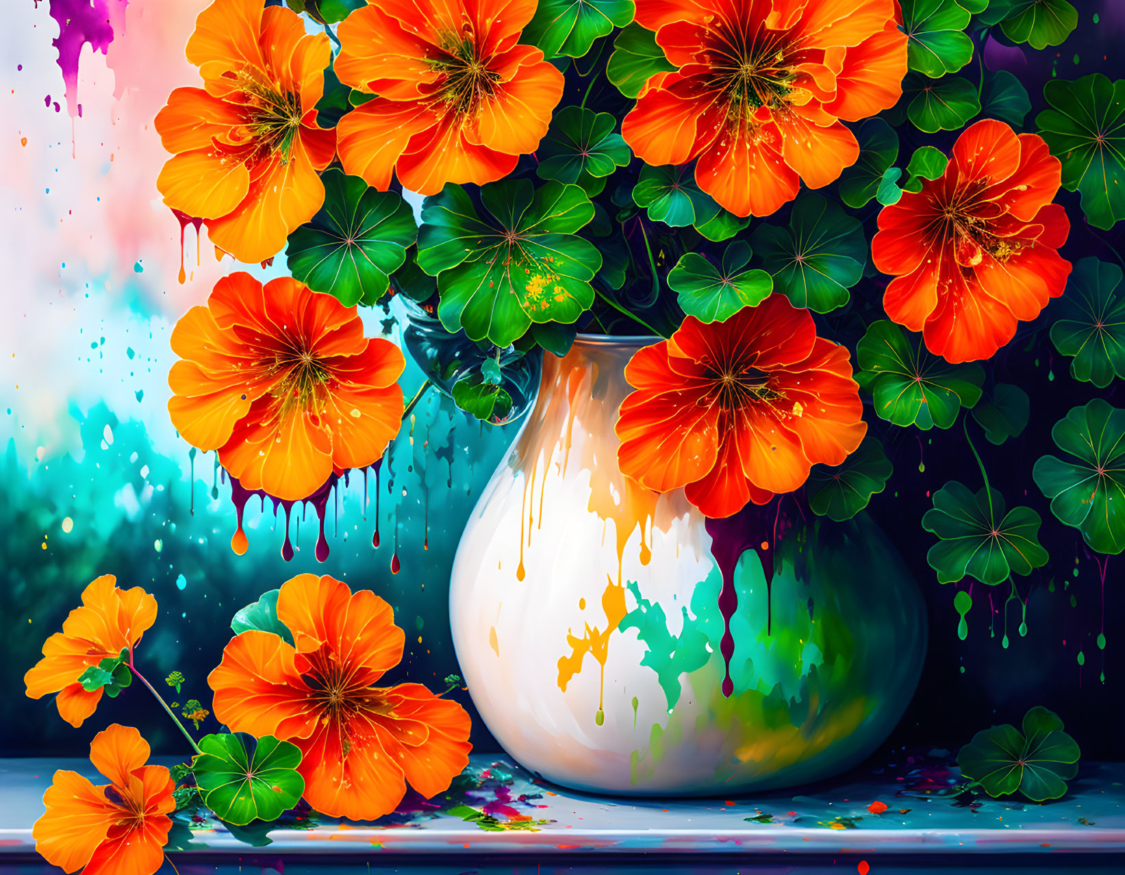 Bright orange flowers in white vase on blue background with paint splatters.