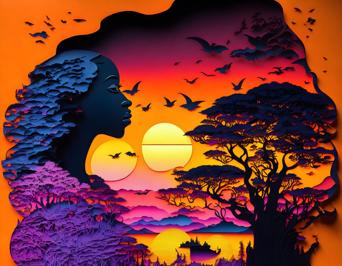 Woman's profile silhouette with African landscape and sunset.