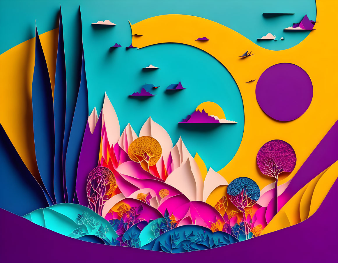 Colorful Paper Art Landscape: Abstract Trees, Mountains, River, Boats, Sunset/Moon