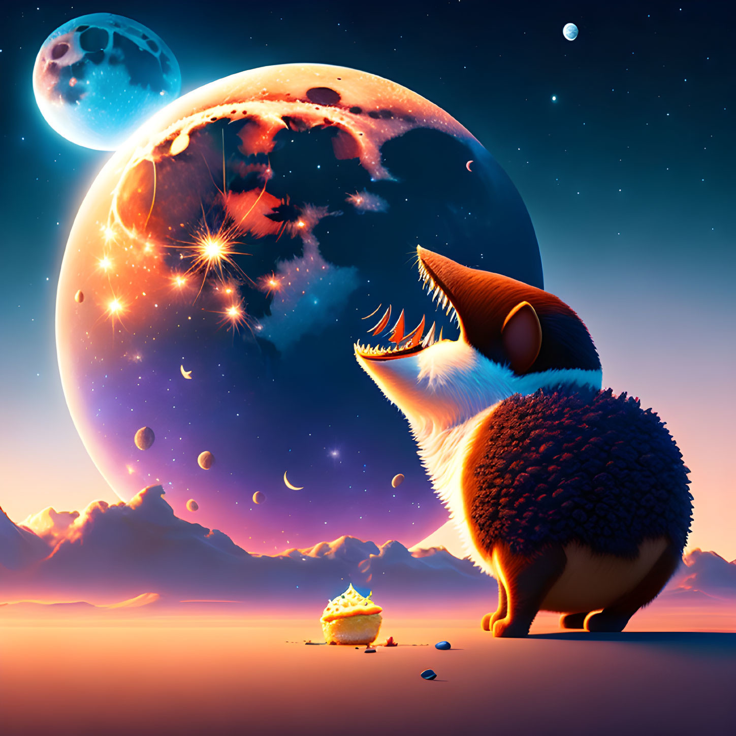 Fantasy hedgehog with glowing cupcake on surreal alien planet