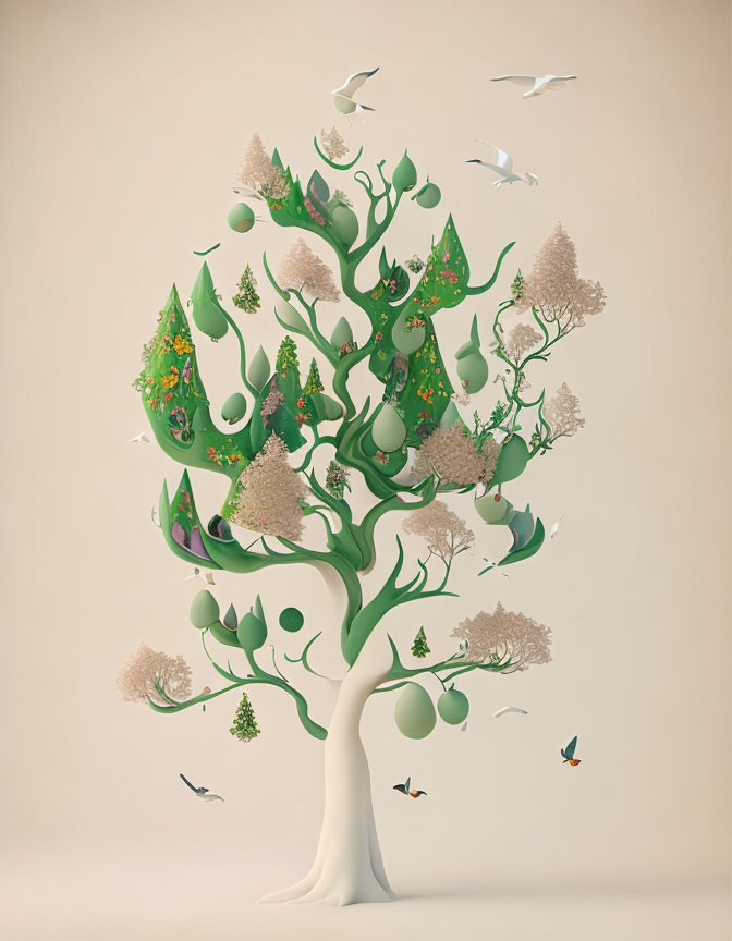 Fantasy-themed tree with green foliage, birds, floral, and spherical decorations