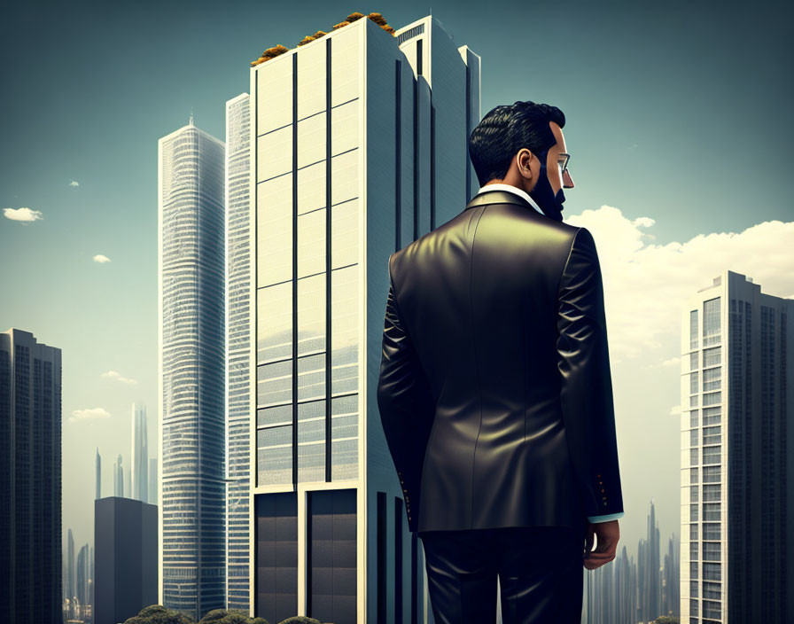 Businessman in suit gazes at urban skyline under blue sky with fluffy clouds.