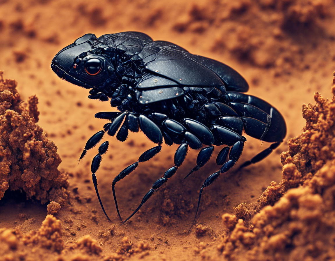 Detailed Close-Up of Mechanically-Stylized Beetle on Earthy Background