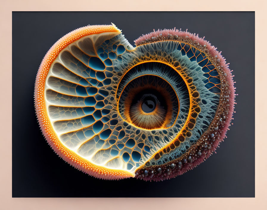 Detailed 3D-rendered nautilus shell with eye-like pattern and textured edges