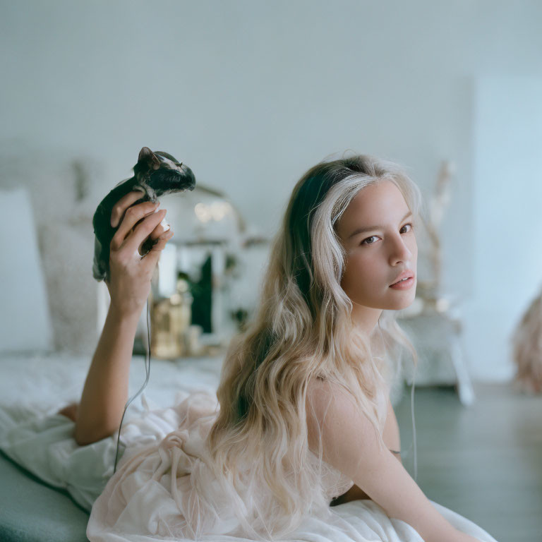 Blonde Woman Holding Chinchilla in Softly Lit Room