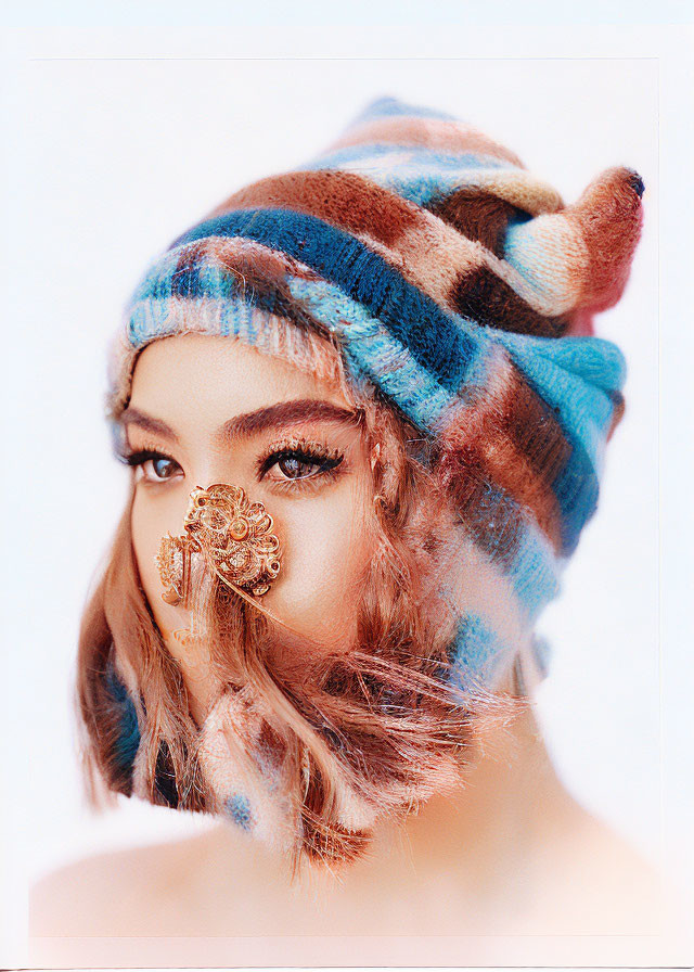 Person with Eyeliner & Nose Ring in Multicolored Knit Hat on White Background