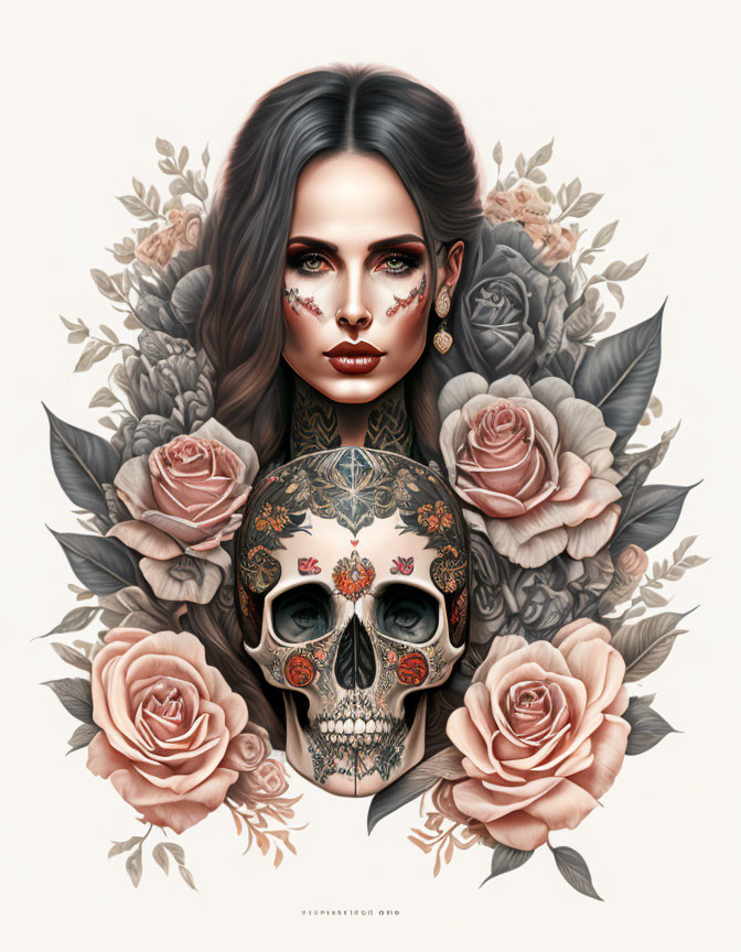 Illustrated portrait of woman with half skull face and roses in Dia de Muertos theme