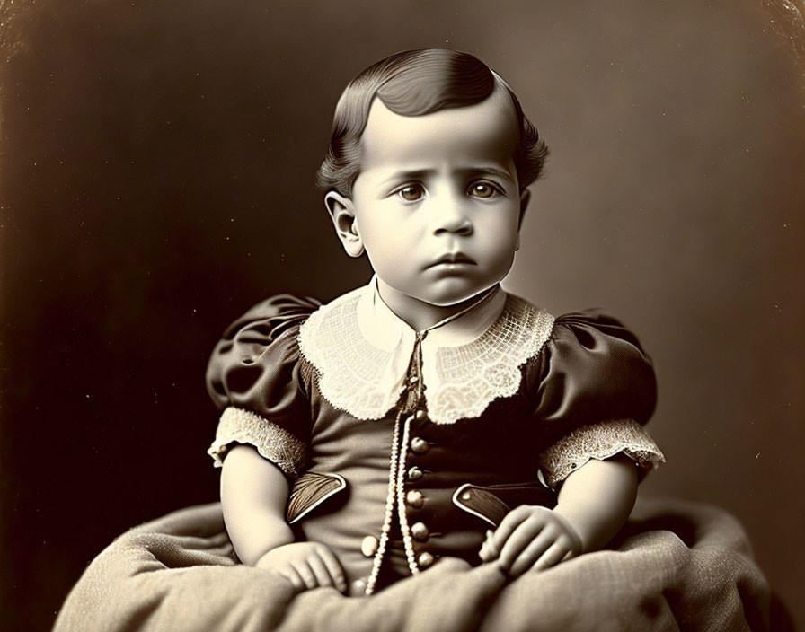 Sepia-tone vintage photo of serious child in dark dress